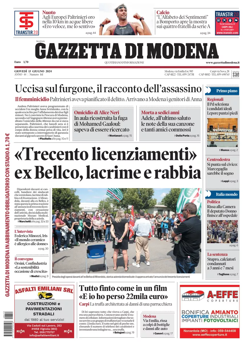 Prima-pagina-gazzetta di modena-oggi-edizione-del-2024-06-13